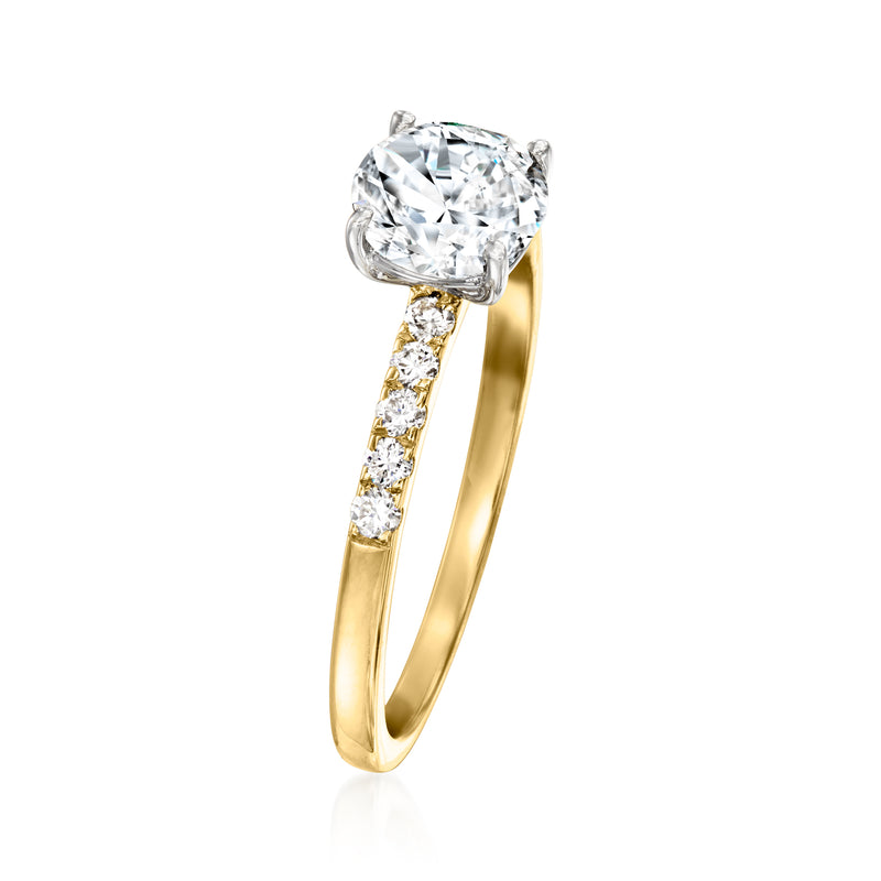 14kt yellow gold ring with round center diamond and three small round side diamonds