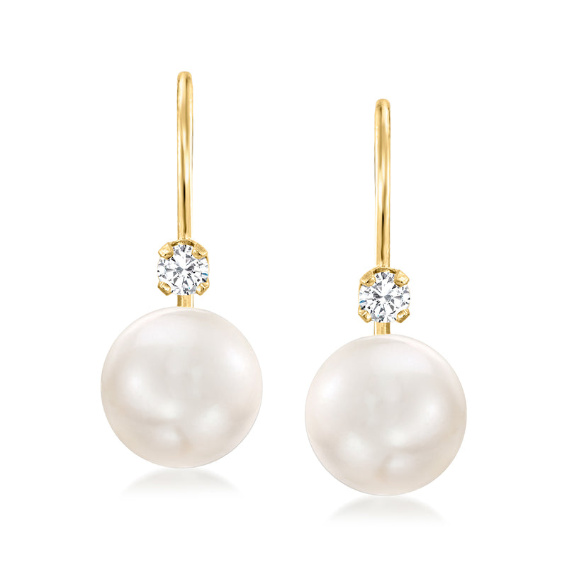 Cultured pearl drop earrings in 14kt yellow gold with small diamond accents, leverbacks