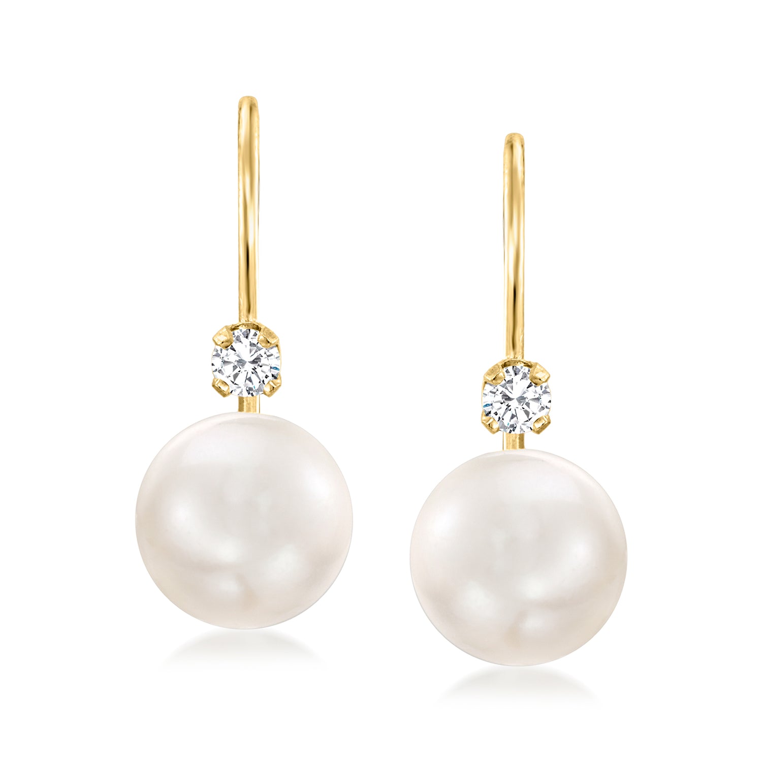 7-7.5mm Cultured Akoya Pearl Drop Earrings with .10 ct. t.w. Diamonds in 14kt Yellow Gold