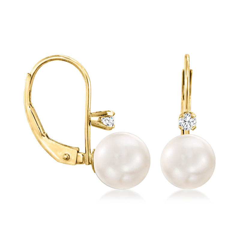 Cultured pearl drop earrings, yellow gold leverback with round diamond cluster tops