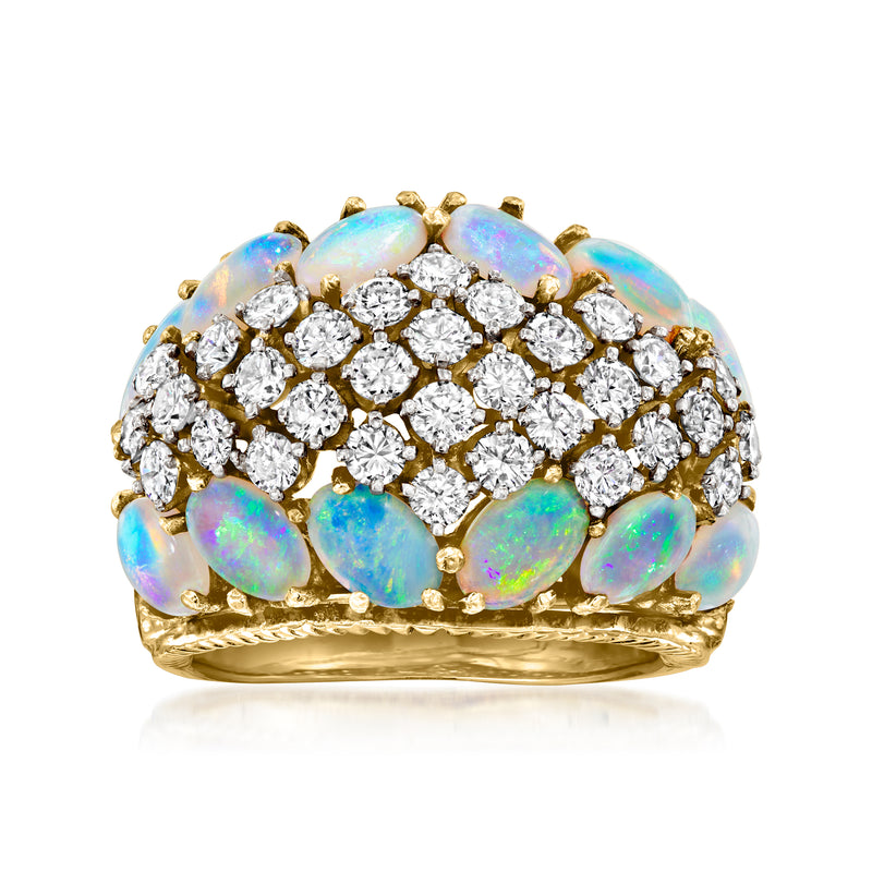 14k yellow gold dome ring with oval opals and round diamond accents