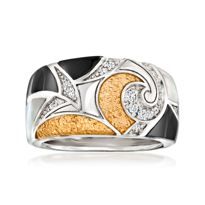Two-tone sterling silver ring with black enamel, mother-of-pearl and sparkling CZ accents