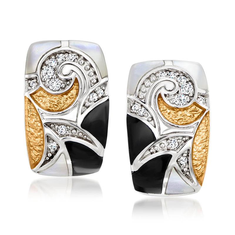 Two-tone sterling silver hoop earrings with black-on-gold swirl and clear CZ accents