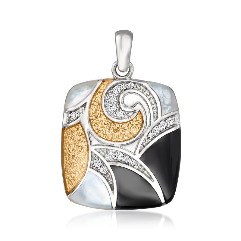 Two-tone sterling silver pendant with mother-of-pearl, onyx, and clear CZ accents