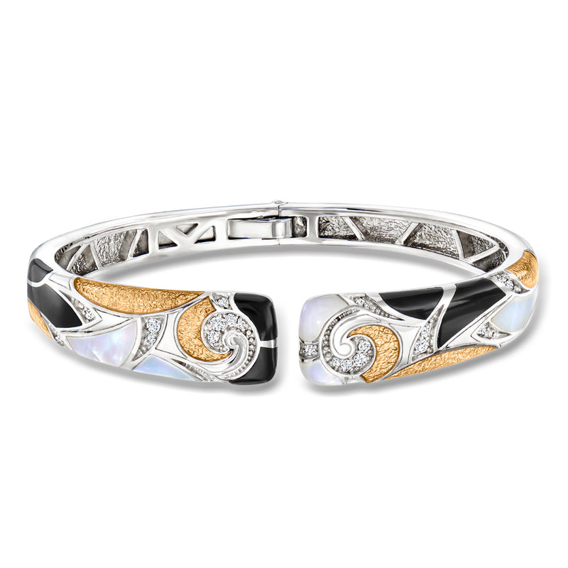 Two-tone sterling silver cuff bracelet with mother-of-pearl and black onyx panels