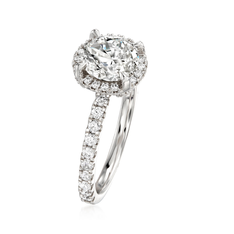 Lab-grown diamond halo ring in white gold, oval center stone and pavé band