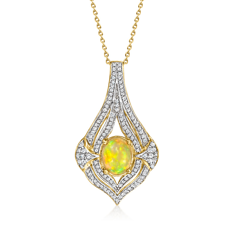 Opal and zircon pendant necklace with gold-tone chain, oval opal center