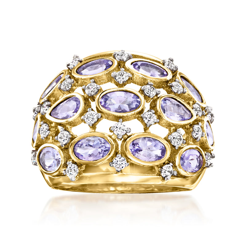 Multi-row oval gemstone ring with lavender tanzanite and white zircon accents, gold tone