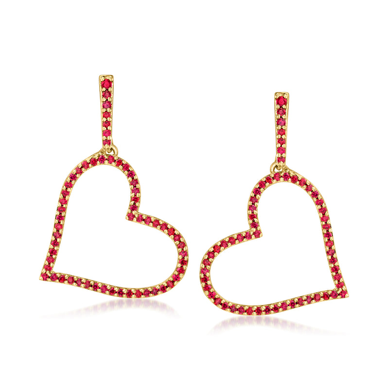 Ruby heart drop earrings in gold, pair with open heart outline design