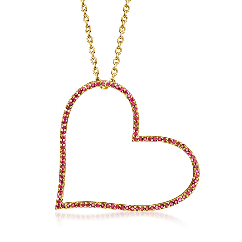 Gold over sterling heart pendant necklace with pink ruby-like stones