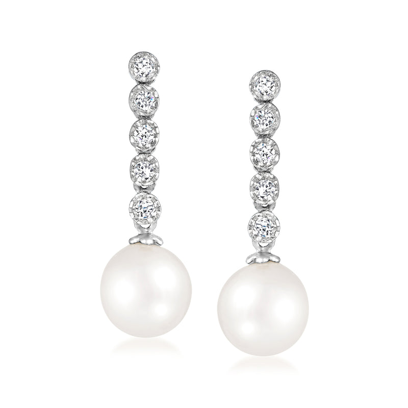 Cultured Akoya pearl and diamond linear drop earrings in 14kt white gold