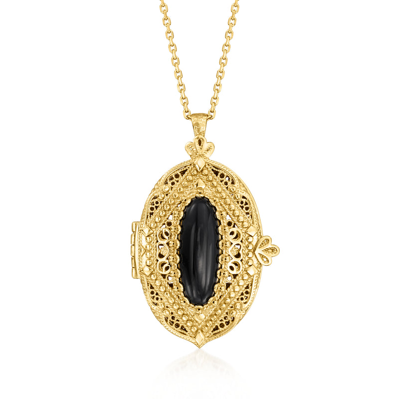 18kt gold over sterling filigree locket necklace with oval black onyx stone and chain