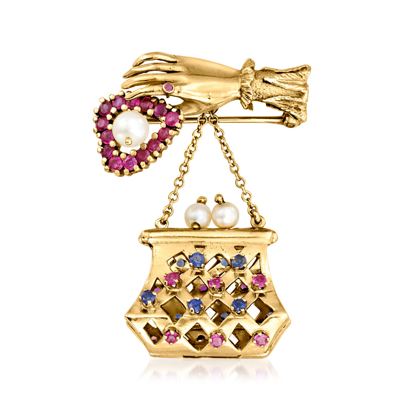 Vintage yellow gold handbag pin with heart pearl, pink gems, blue gemstone purse dangle