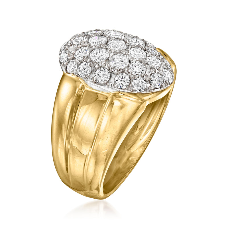 18k yellow gold diamond cluster ring with oval top, curved band design, side view