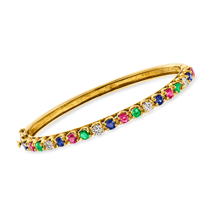 18kt yellow gold bangle bracelet with multicolor gemstones and diamond accents