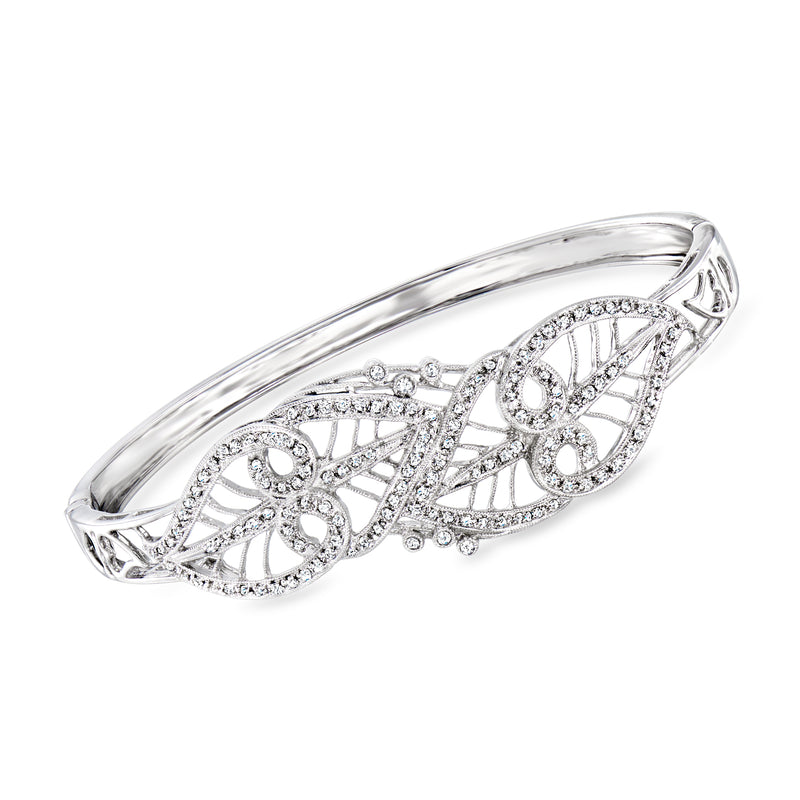 Diamond leaf bangle bracelet in 14kt white gold with openwork and pavé details