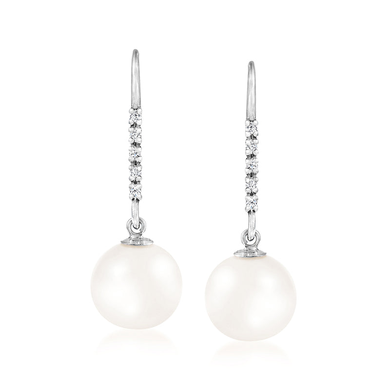 White gold pearl drop earrings with diamond accents and leverback closure