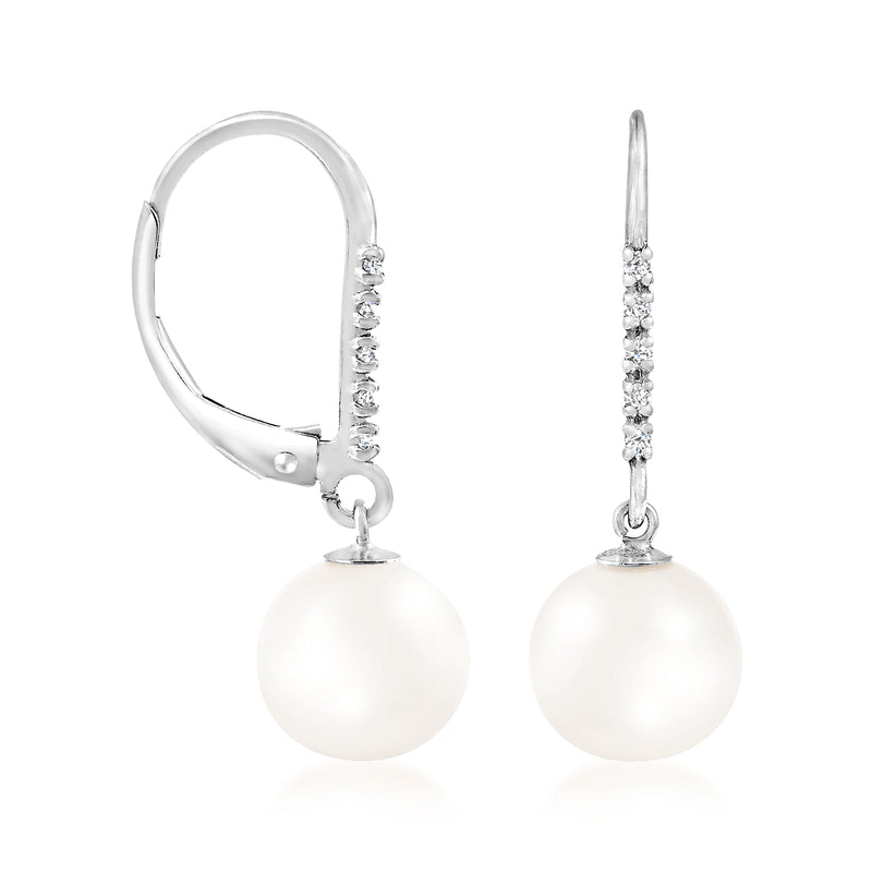 White gold leverback pearl drop earrings with diamond-set top and round pearls