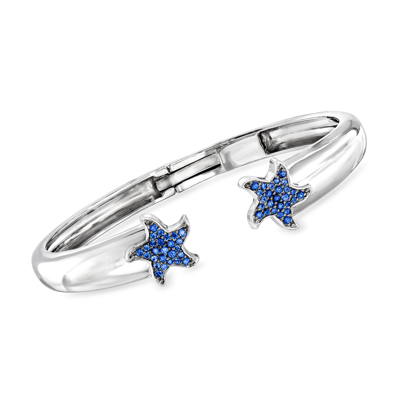 Sterling silver cuff bracelet with blue sapphire starfish charms