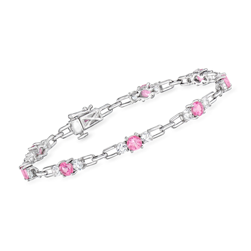 Sterling silver bracelet with pink and clear gemstone accents and link chain