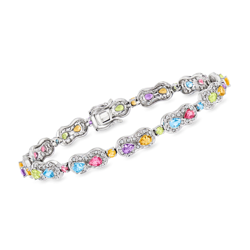 Vintage 18kt white gold bracelet with oval multicolor gemstones and diamond halos