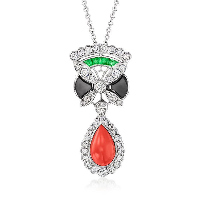 18kt white gold pendant necklace with red coral teardrop and diamond accents