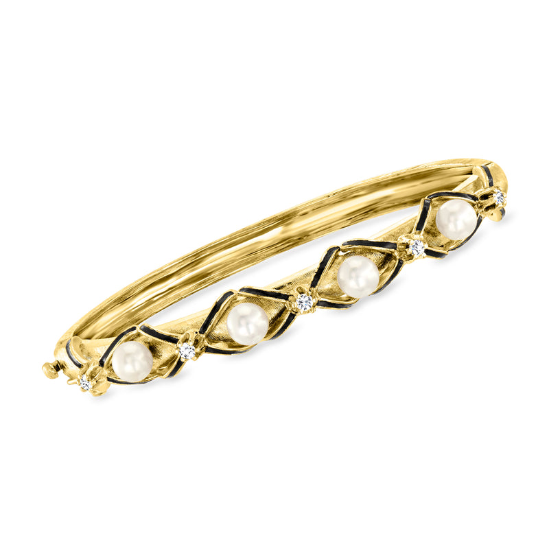 14kt yellow gold bangle with cultured pearl and diamond accents, black enamel detail.