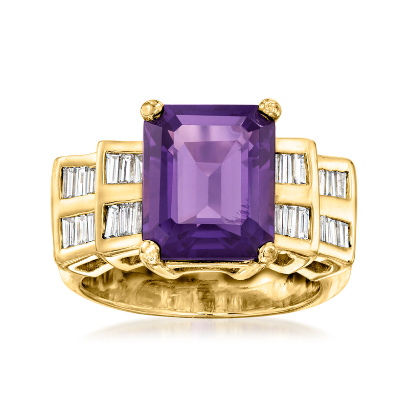 18kt yellow gold cocktail ring with square amethyst center and baguette diamond sides