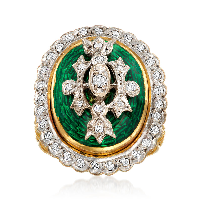 Vintage green enamel cocktail ring with oval center and diamond floral setting, two-tone gold