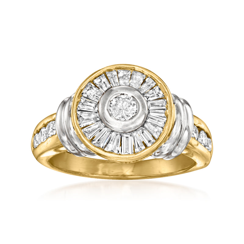 Two-tone gold ring with round center diamond, circular halo and baguette accents
