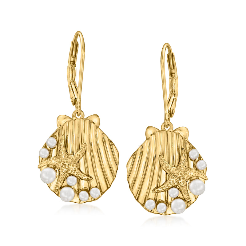 18kt gold over sterling seashell drop earrings with white pearls, leverback