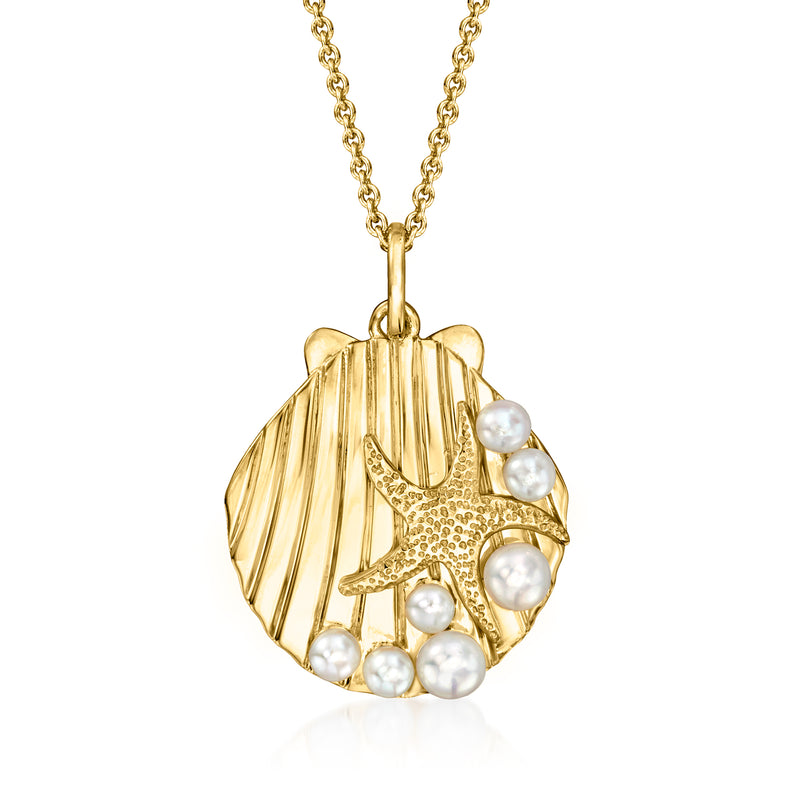 Gold seashell pendant necklace with starfish detail and clustered white pearls