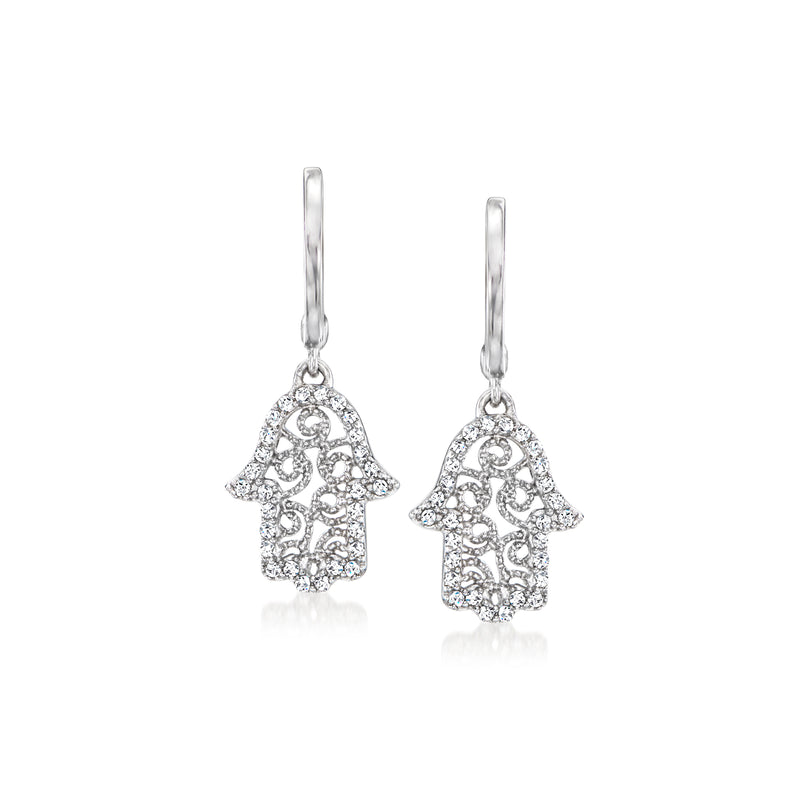 Sterling silver diamond filigree Hamsa hoop drop earrings with dangling hamsa charms