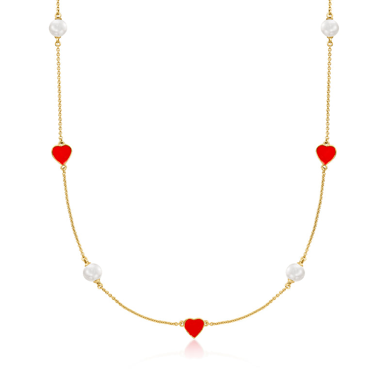 18kt gold over sterling heart station necklace with red enamel hearts and cultured pearls