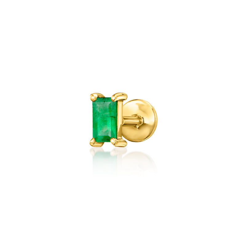 14kt yellow gold emerald baguette single stud earring, flat-back post