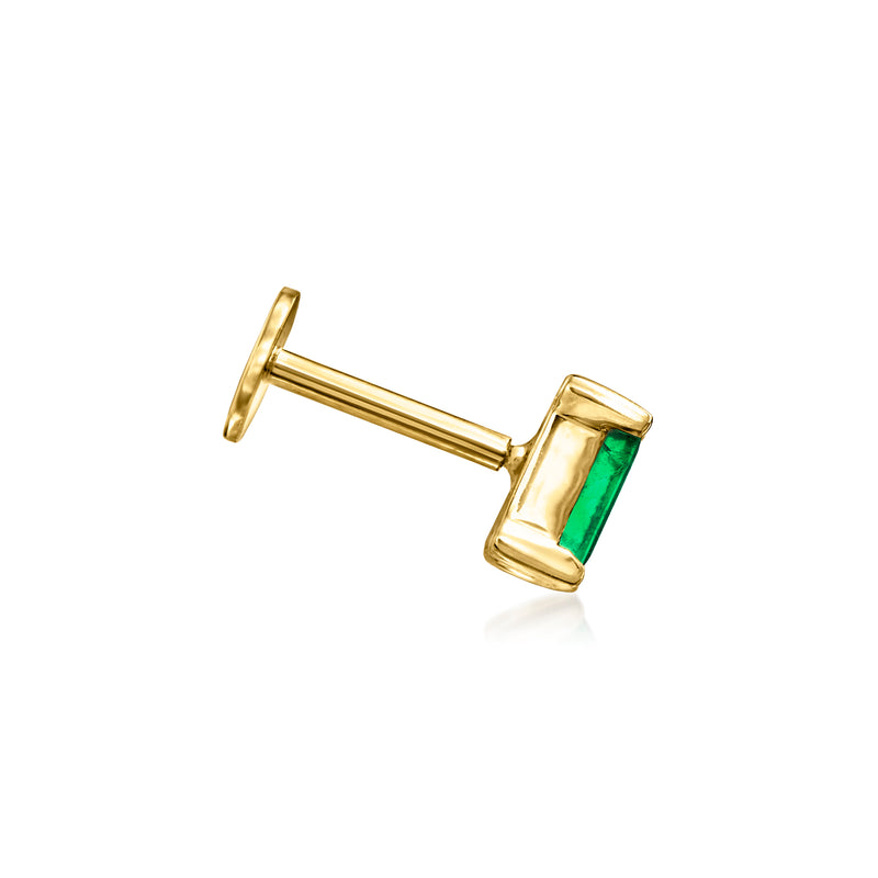14kt yellow gold emerald baguette stud earring with flat-back post, side view