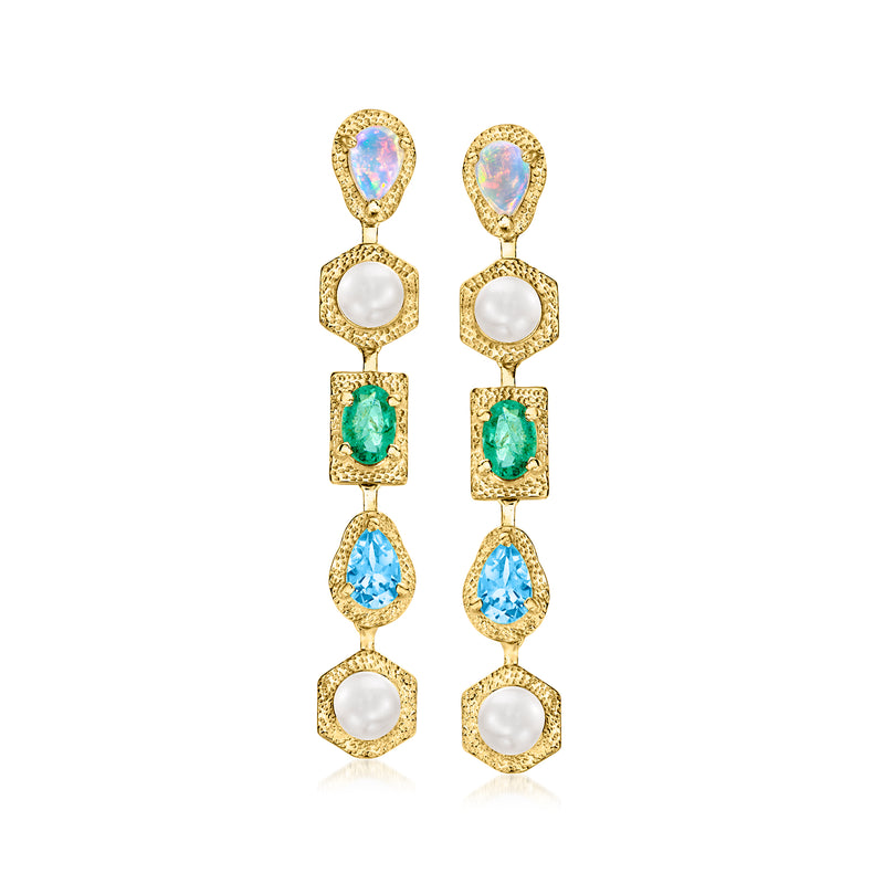 Gold-tone drop earrings with oval opal-like stones, white pearl accents, green and blue gems