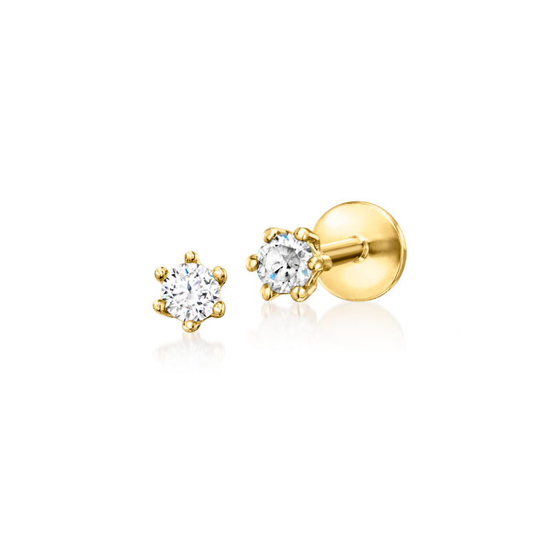 14kt yellow gold diamond flat-back stud earrings, round solitaire stones