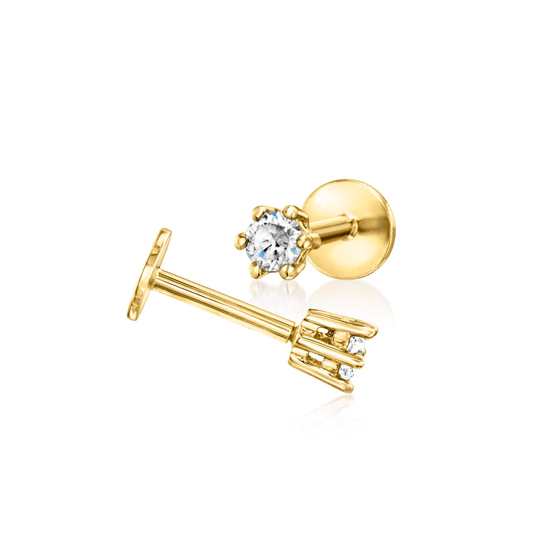 Round diamond stud earrings in 14kt yellow gold, flat-back post view