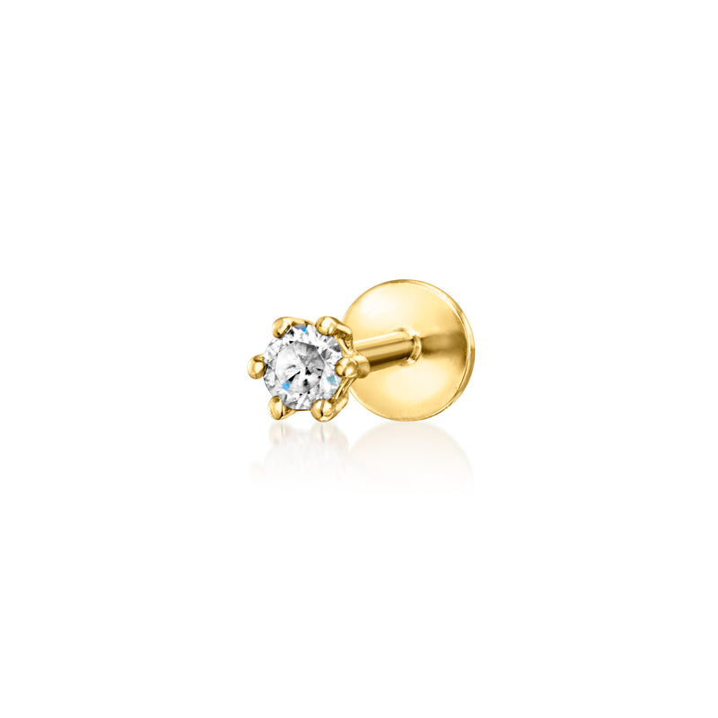 Diamond stud earring in 14kt yellow gold, round stone on flat-back post