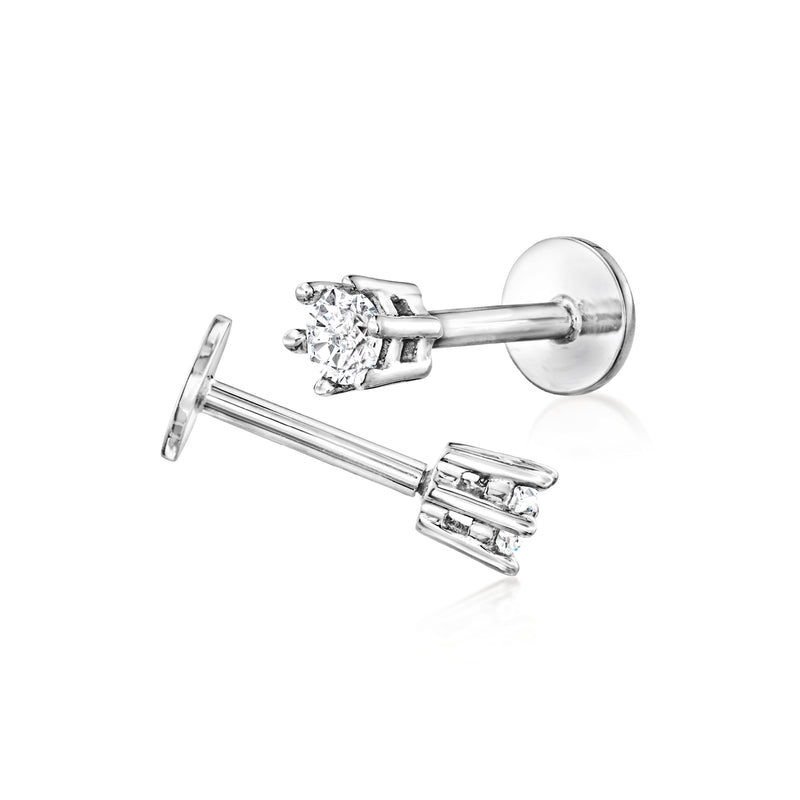Sterling silver diamond stud earrings, round stone front with post and flat back.
