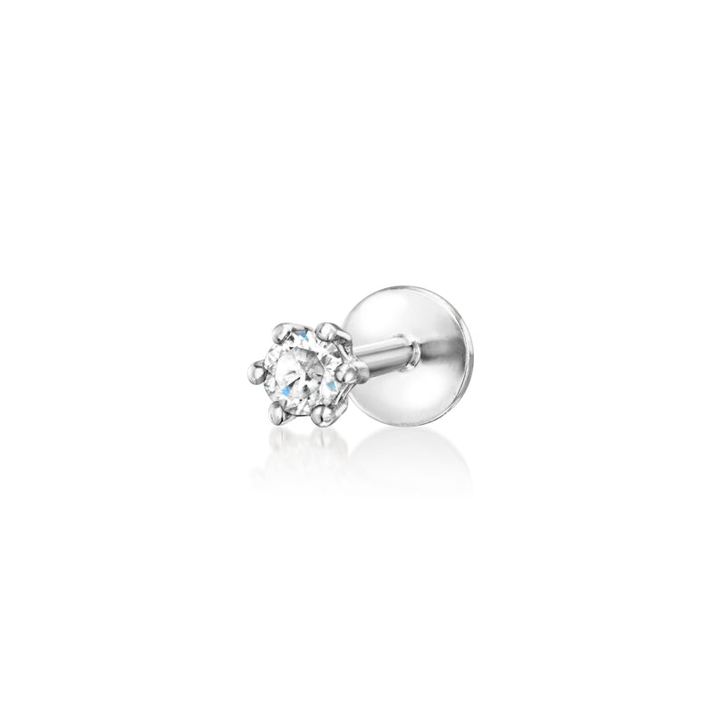 Sterling silver diamond stud earring with round faceted stone and flat-back post