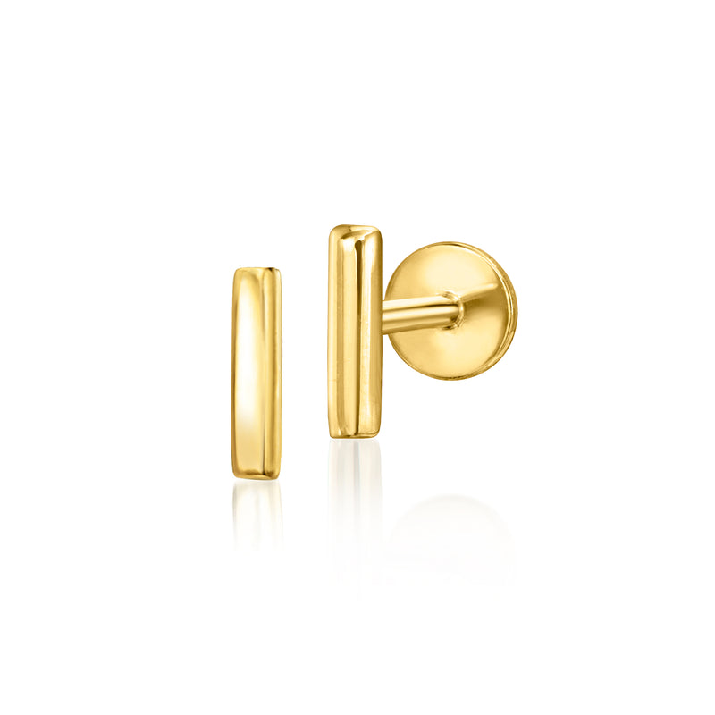 Yellow gold bar stud earrings with flat backs and posts, polished rectangular bars.