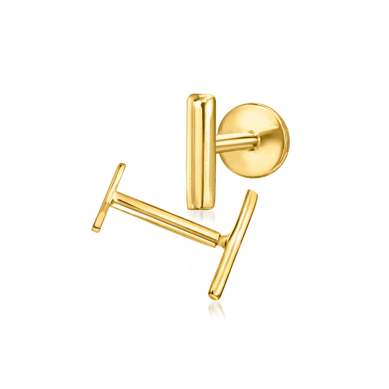 Yellow gold rectangular bar stud earrings with post backs, shown from side angle.