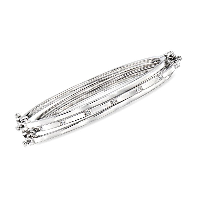 Sterling silver three bangle bracelet set with small crystal-like diamond accents