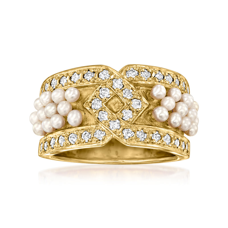 Vintage yellow gold diamond and seed pearl ring with square center and clustered stones
