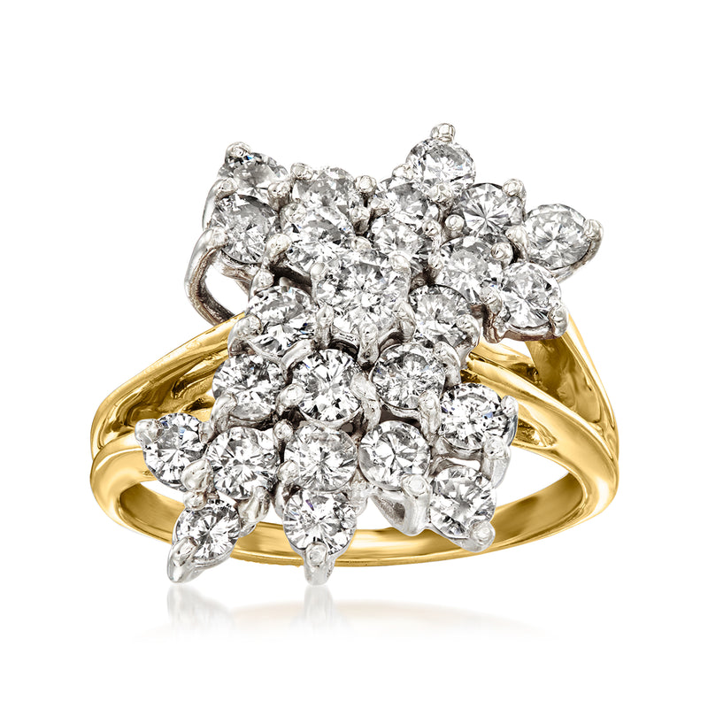 Two-tone 14kt gold diamond cluster ring with round stones, prong-set halo