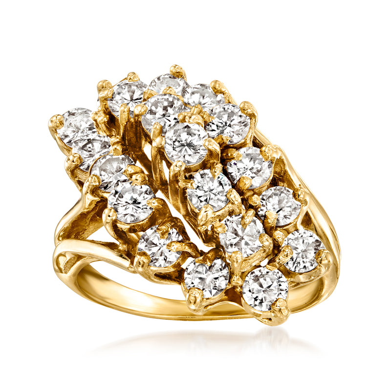 14kt yellow gold waterfall ring with clustered round diamonds, prong-set