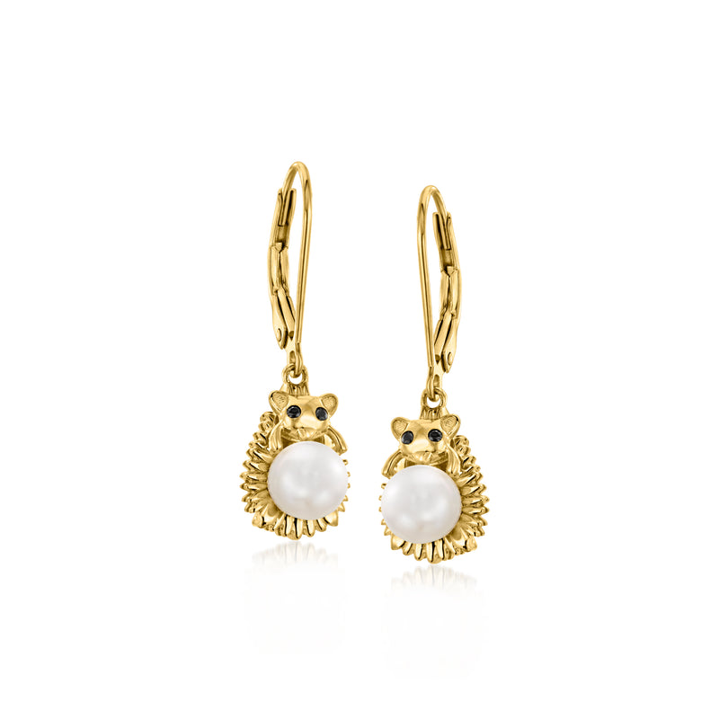Gold hedgehog drop earrings with leverback, white pearl body and dark eyes
