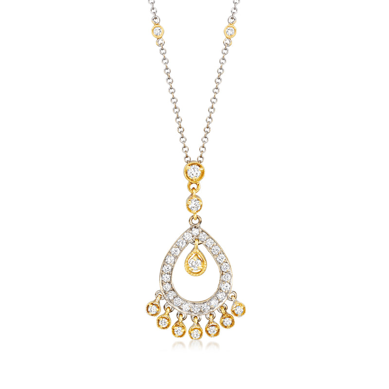 Two-tone gold diamond teardrop chandelier pendant necklace with chain, drop and halos